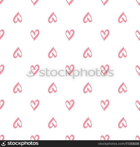 pink hearts seamless pattern on white background. Valentines Day backdrop. Design for fabric, textile print, wrapping paper. Vector illustration. Simple geometric pink hearts seamless pattern on white background.