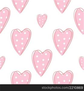 Pink hearts with white stars seamless pattern. Cute romantic background. Template for fabric, wrapping paper, gifts and design vector illustration. Pink hearts with white stars seamless pattern