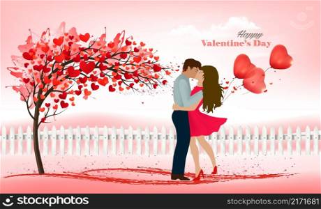Pink Holiday Valentine&rsquo;s Day background. Tree with heart-shaped leaves and couple in love with a red ballons. Vector