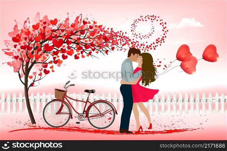 Pink Holiday Valentine&rsquo;s Day background. Tree with heart-shaped leaves and couple in love and bike. Vector