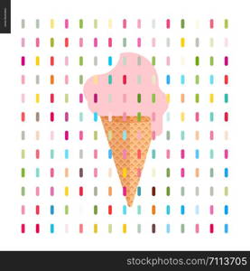 Pink Ice cream cone and a pattern - cartoon flat vector illustrated cartoon ice cream cone and bitten pink strawberry scoop, with straight geometric colorful pattern of sprinkles above. Pink Ice cream in a cone and pattern