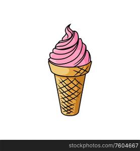 Pink ice cream in waffle cone isolated icon. Vector frozen gelato, whipped sundae dessert. Ice cream in waffle cone isolated summer dessert