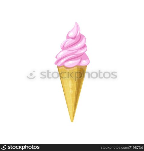 Pink ice cream in waffle cone isolated vector icon. Swirl of soft serve ice cream with textured waffle cup, dessert menu design for cafe and restaurant, cartoon dairy product. Pink ice cream in waffle cone isolated vector icon