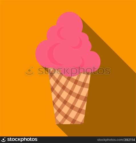 Pink ice cream in waffle cup icon. Flat illustration of pink ice cream in waffle cup vector icon for web isolated on yellow background. Pink ice cream in waffle cup icon, flat style