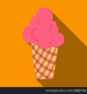 Pink ice cream in waffle cup icon. Flat illustration of pink ice cream in waffle cup vector icon for web isolated on yellow background. Pink ice cream in waffle cup icon, flat style