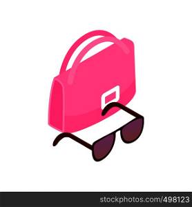 Pink Italian bag and black glasses icon in isometric 3d style on a white background. Pink Italian bag and black glasses icon