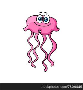Pink jellyfish isolated marine animal. Vector cartoon character with wavy tentacles. Jellyfish cartoon animal, pink tentacles isolated