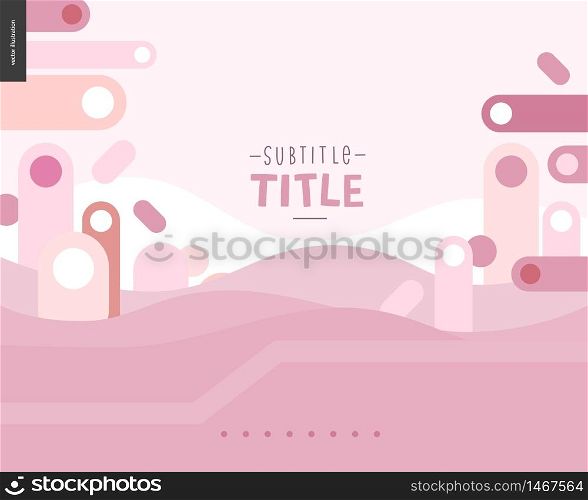 Pink landscape template design mockup vector banner or slider - rounded colorful shapes abstract scenery on pink background accompanied with a title emplates. Pink design landscape template