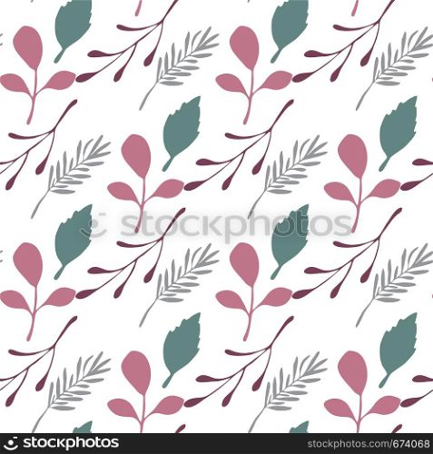 Pink leaves and branches vector seamless pattern on white background. Backdrop flat style for textile or book covers, wallpapers, design, graphic art, wrapping. Pink leaves and branches vector seamless pattern on white background.