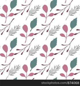 Pink leaves and branches vector seamless pattern on white background. Backdrop flat style for textile or book covers, wallpapers, design, graphic art, wrapping. Pink leaves and branches vector seamless pattern on white background.
