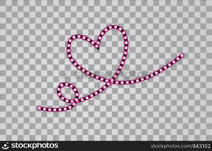 Pink LED stripes with heart one line on transparent background, glowing LED garlands.. Pink LED stripes with heart one line on transparent background,