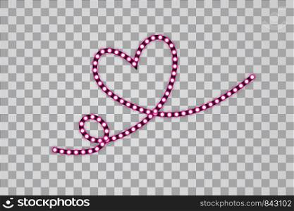 Pink LED stripes with heart one line on transparent background, glowing LED garlands.. Pink LED stripes with heart one line on transparent background,