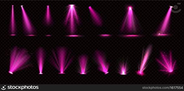 Pink light beams from spotlights and floor projectors isolated on transparent background. Vector realistic set of bright rays with glitter for illumination show, concert, theater stage or podium. Pink spotlights beams and floor projectors