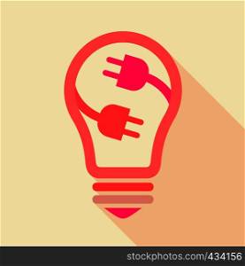 Pink light bulb with electric plugs inside icon. Flat illustration of pink light bulb with electric plugs inside vector icon for web. Pink light bulb with electric plugs inside icon