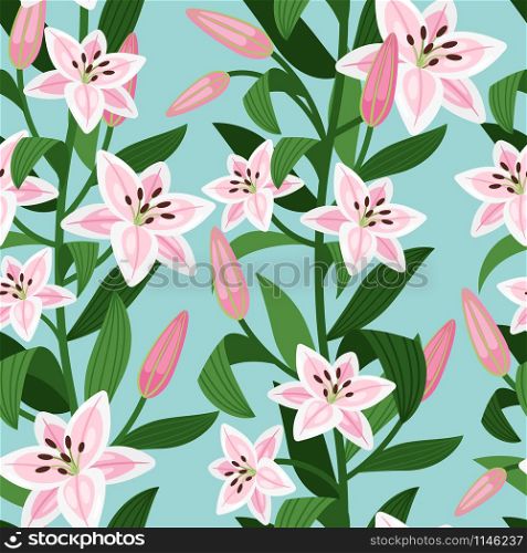 Pink lilies with greeen leaves floral pattern. Vector illustration. Pink lilies with leaves floral pattern