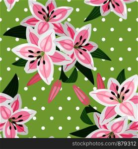 Pink lily on green dotted background pattern, vector illustration. Pink lily on green background pattern