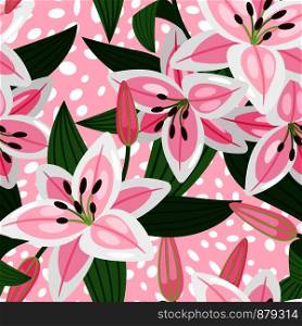 Pink lily with leaves floral pattern. Vector illustration. Pink lily floral pattern