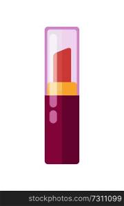 Pink lipstick in shiny purple tube with transparent top isolated cartoon vector illustration on white background. Decorative cosmetics basic element.. Pink Lipstick in Shiny Tube with Transparent Top