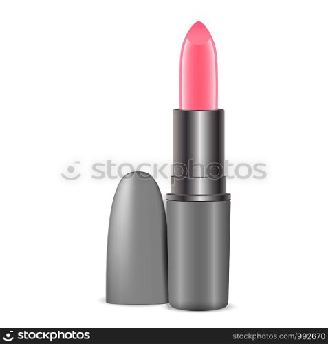 Pink lipstick with cap. Silver packaging mockup template. Brand cosmetics high quality 3d illustration ready to your design.. Pink lipstick with cap. Silver packaging mockup