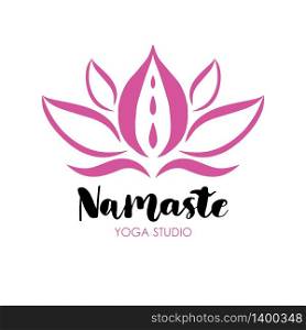 Pink lotus flower and lettering text namaste. Vector illustration of Logo for a yoga studio.. Vector illustration of Logo for a yoga studio
