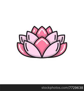 Pink lotus flower isolated water lily color line icon. Vector Thailand or Thai plant. Spa emblem, waterlily. Blooming exotic Buddhism symbol of harmony and wellbeing, lily blossom, asian bloom. Waterlily pink lotus Thailand Thai famous flower