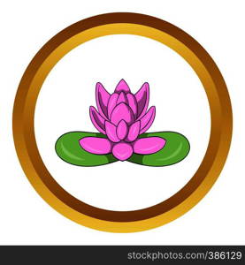 Pink lotus flower vector icon in golden circle, cartoon style isolated on white background. Pink lotus flower vector icon