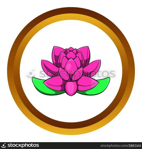 Pink lotus flower vector icon in golden circle, cartoon style isolated on white background. Pink lotus flower vector icon