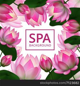 Pink lotus flowers background. Invitation healing to garden. Lotus wedding card vector template. Lotus flower pink, floral and nature banner for spa illustration. Pink lotus flowers background. Invitation healing to garden. Lotus wedding card vector template