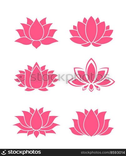 Pink lotus icons, flowers and floral blossoms. Yoga symbol in vector silhouette. Pink lotus petal buds for Asian spa or oriental ornaments decorations, religion and tattoo, Ayurveda and Zen meditation. Pink lotus icons, flowers and yoga floral blossoms