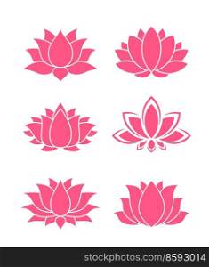 Pink lotus icons, flowers and floral blossoms. Yoga symbol in vector silhouette. Pink lotus petal buds for Asian spa or oriental ornaments decorations, religion and tattoo, Ayurveda and Zen meditation. Pink lotus icons, flowers and yoga floral blossoms