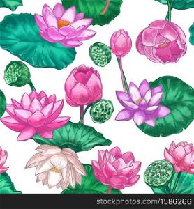 Pink lotus seamless pattern. Gentle water lily flowers, pink lotus. Decorative tropical design for ayurveda care products vector texture. Seamless blossom flower and flora design illustration. Pink lotus seamless pattern. Gentle water lily flowers, pink lotus. Decorative tropical design for ayurveda care products vector texture