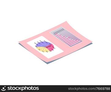 Pink lying paper with round calendar with twelve months and chart with numbers, 3D list with shadow. Page with colorful planner and statistics vector. Pink Lying Paper with Calendar and Chart Vector