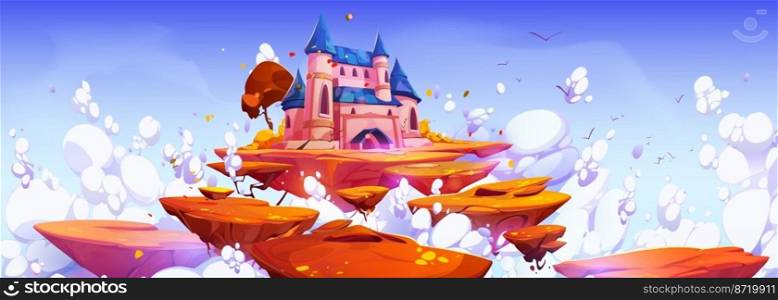 Pink magic castle on floating island in blue sky with fluffy clouds. Fantasy autumn landscape with royal palace and flying ground pieces with bright trees in heaven, Cartoon vector illustration. Pink magic castle on floating island in blue sky