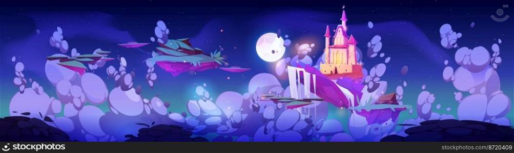 Pink magic castle on floating island in night sky with fluffy clouds, stars and moon. Fantasy landscape with royal palace and flying ground pieces with in dark heaven, Cartoon vector illustration. Pink magic castle on floating island in night sky