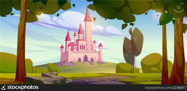Pink magic castle on green hill, fairy tale palace with turrets and trees around scenery landscape. Rocky road lead to gates of medieval fantasy fortress under blue sky, Cartoon vector illustration. Pink magic castle on green hill, fairy tale palace