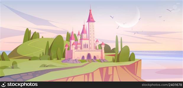 Pink magic castle on green sea cliff at early morning. Fairy tale palace with turrets and trees around. Scenery landscape with road lead to medieval fantasy fortress gates, Cartoon vector illustration. Pink magic castle on green sea cliff at morning