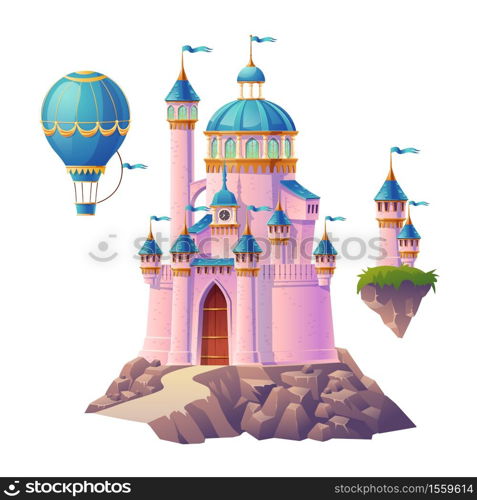 Pink magic castle, princess or fairy palace, air balloon and flying turrets with flags. Fantasy royal fortress, cute medieval architecture isolated on white background. Cartoon vector illustration. Pink magic castle, princess palace and air balloon