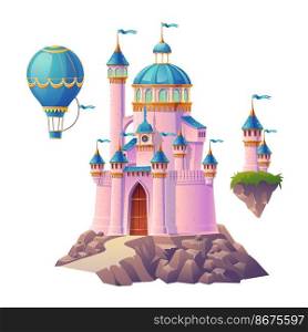 Pink magic castle, princess or fairy palace, air balloon and flying turrets with flags. Fantasy royal fortress, cute medieval architecture isolated on white background. Cartoon vector illustration. Pink magic castle, princess palace and air balloon
