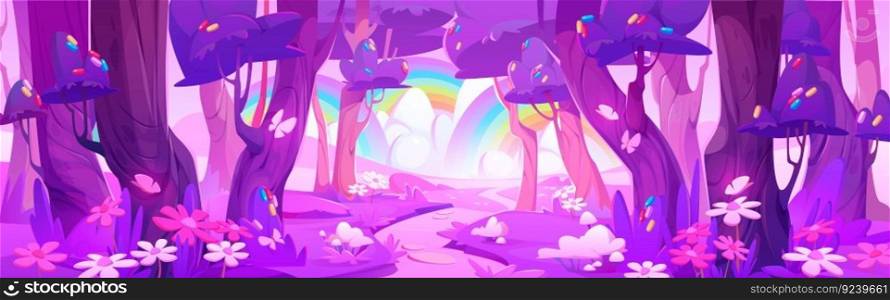 Pink magic forest with rainbow cartoon vector landscape. Fairytale purple nature scene with flower on meadow Fairy panorama for fantasy adventure environment game. Vibrant fairy picture of garden. Pink magic forest with rainbow cartoon landscape