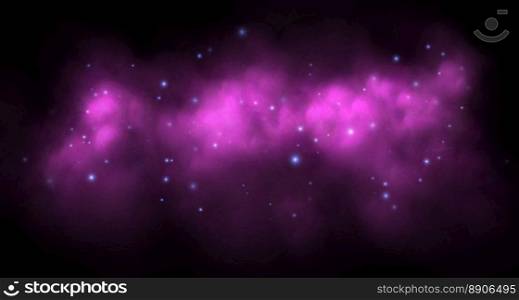 Pink magic smoke, galaxy with starlight, colorful fog with sparkles, glowing haze with blue stars. Vector illustration.. Pink magic smoke, transparent fog with sparkles, glowing colorful haze, mistery background with particles.