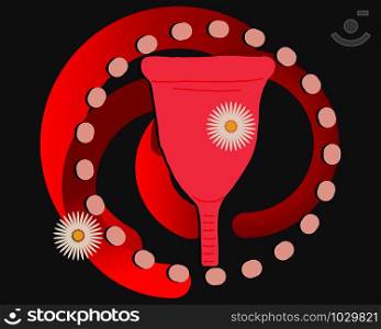 Pink menstrual cup flat cartoon vector illustration. Feminine hygiene concept. Red abstract modern background.. Pink menstrual cup flat cartoon illustration.