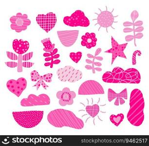 Pink modern minimalistic shapes. Collection Barbiecore of decorative flowers, hearts, spots and abstract figure. Vector illustration. Isolated cut form elements for design, decor, decoration