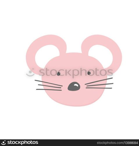 Pink mouse baby face. Vector illustration of cute baby animal face icon isolated on white background. Child and baby print design. Vector illustration of mouse