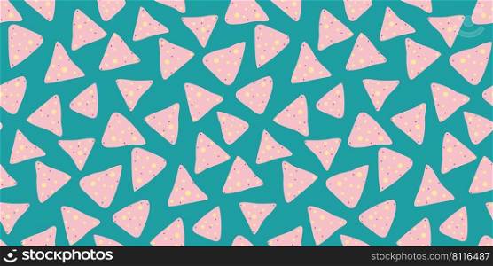 Pink nachos, tortilla fried chips seamless pattern on blue background. Mexican food vector design