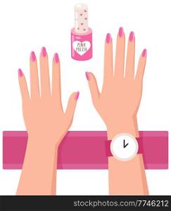 Pink nail polish and a woman s hands with a painted nails, varnish manicure salon accessory on white. Nail rose polish bottle with cap with hearts, cute container with lacquer, hand care and beauty. Pink nail polish and a woman s hands with a painted nails, varnish manicure salon accessory