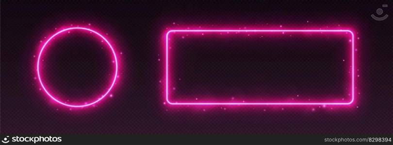 Pink neon frames with smoke and sparkles. Circle and rectangle glowing borders for game UI. Vector illustration.. Pink neon frames with smoke and sparkles, glowing borders.