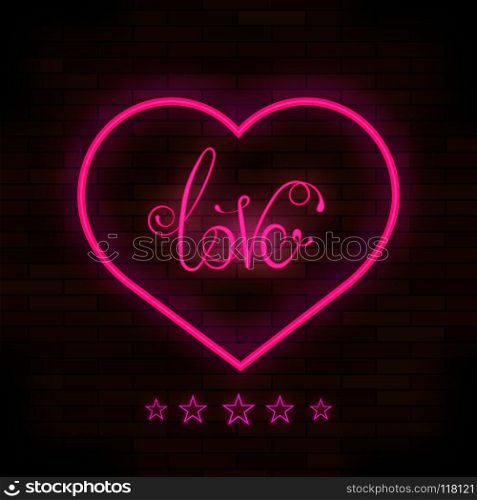 Pink Neon Love Sign on Brick Background. Pink Neon Love Sign