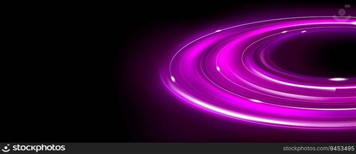Pink neon planet ring and light energy line effect. Round tech orbit shine. Abstract speed path stellar concept. Circular fantasy network with spark trail. Atom motion on disk swirl illustration. Pink neon planet ring and light energy line effect