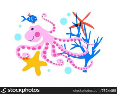 Pink octopus, tropical fish, seaweed and underwater life. Colorful vector illustration on a white background.. Octopus. Marine life, underwater world, aquarium fish. Vector illustration on a white background.