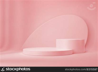 Pink or coral podium realistic 3d platform or pedestal for products presentation in studio. Vector background with round stand for displaying decorative cosmetics. Stepped showcase near the wall. Pink or coral podium realistic 3d platform mockup